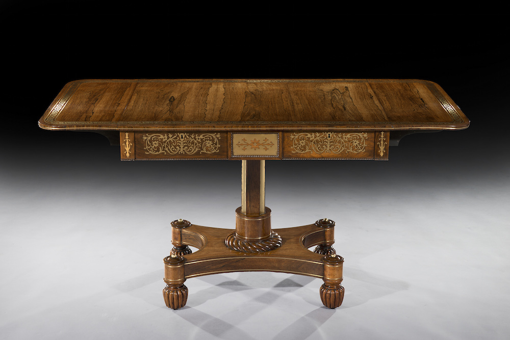 An English Regency brass-inlaid sofa table, circa 1815, priced at £9,500 ($14,450) on display with Freshfords Fine Antiques at the new Petworth Park Antiques and Fine Art Fair from May 8-10. Image courtesy Freshfords Fine Antiques and the Antiques Dealers' Fair Ltd.